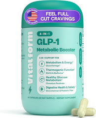 VitalForm GLP-1 Metabolic Support bottle pour showing convenient capsules for daily appetite awareness.