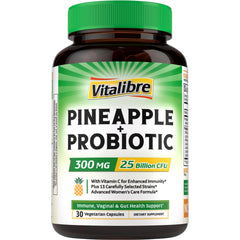 Vitalibre Pineapple + Probiotic bottle front highlighting daily gut balance with 30 vegan capsules.