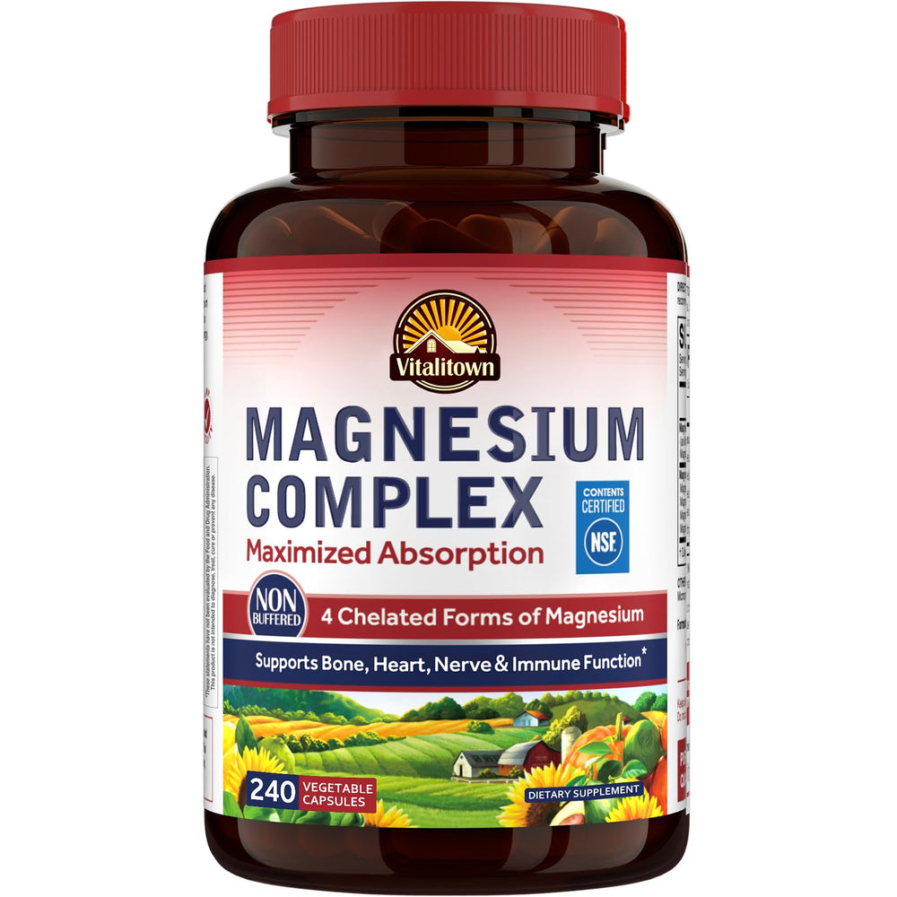 Vitalitown Magnesium Complex bottle front with vegan formula for clean daily support