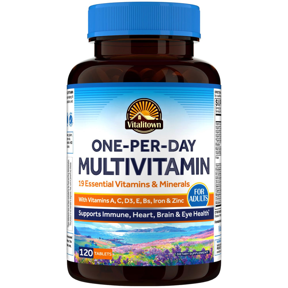 Vitalitown multivitamin bottle close-up supporting daily energy and immune balance.