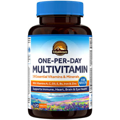 Vitalitown multivitamin bottle close-up supporting daily energy and immune balance.