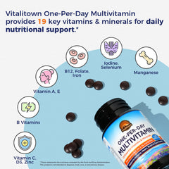 Vitalitown tablets in bottle emphasizing 19 nutrients for overall wellness.