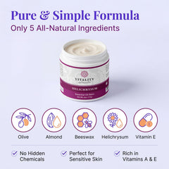 Vitality Helichrysum Balm jar open shows almond oil and beeswax for skin softness