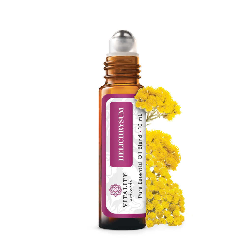 Vitality Helichrysum Roll-On bottle closeup for easy on-the-go skin care.