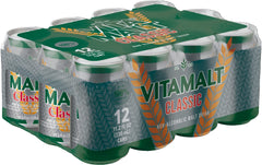 Vitamalt Classic can front view, a refreshing non-alcoholic option for gatherings