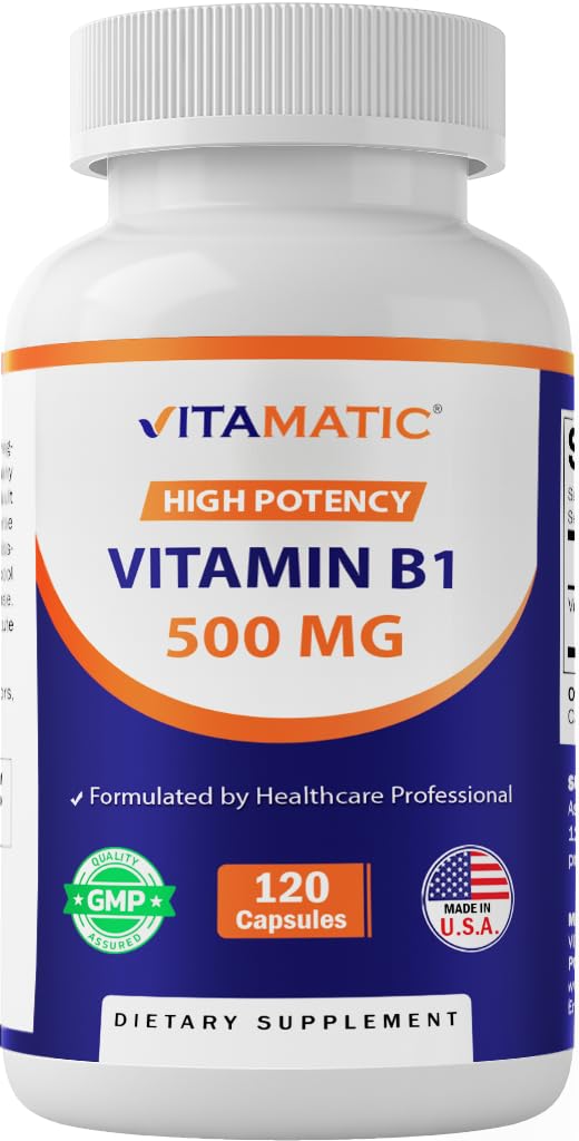Vitamatic B1 bottle front showing 120 capsules for daily energy support