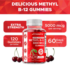 Vitamatic B12 gummies nutrition label; shows non-GMO and gluten-free features.