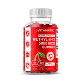 Vitamatic B12 gummies natural cherry bottle; convenient energy metabolism support.