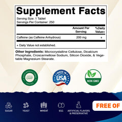Vitamatic Caffeine Pills bottle back label with ingredients and allergen details.