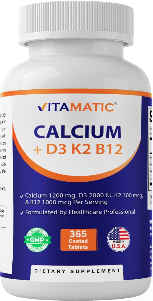 Vitamatic calcium bottle front shows 365 coated tablets for daily bone support.