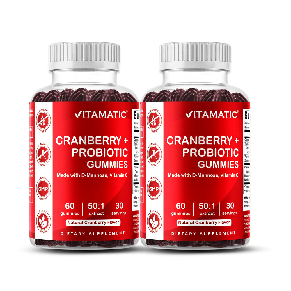 Vitamatic Cranberry Gummies 2-pack bottle front, convenient daily serving for wellness.