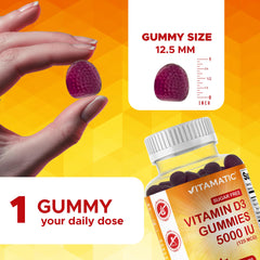 Vitamatic D3 5000 IU gummies close-up reveals blackberry flavor.