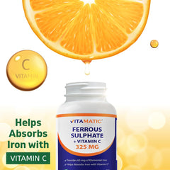 Vitamatic Ferrous Sulfate standing bottle on a clean surface