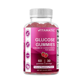 Vitamatic Glucose gummies bottle front, raspberry flavor for quick energy