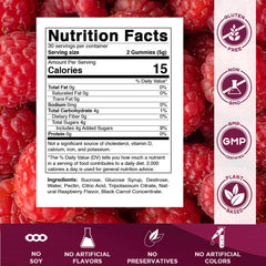 Closeup of Vitamatic glucose gummies, raspberry flavor and chewy texture