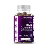 Vitamatic Iron 65 mg Gummies bottle front showing vegan grape flavor.