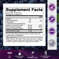 Vitamatic Iron 65 mg Gummies bottle side highlighting ingredients and serving size.