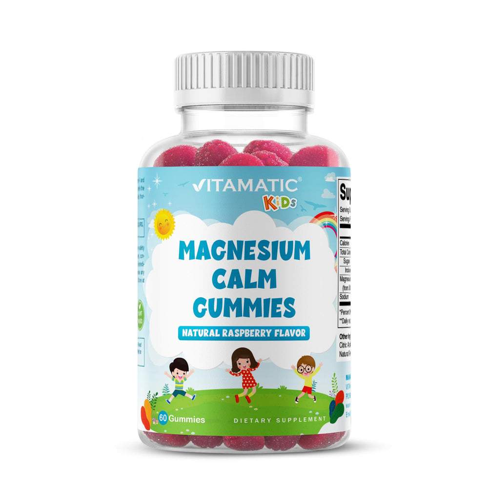 Vitamatic Kids Magnesium Calm Gummies bottle with raspberry flavor