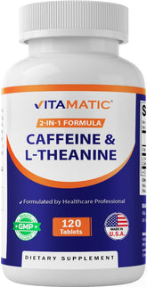 Vitamatic L-Theanine bottle closeup showing a clean label for focused energy