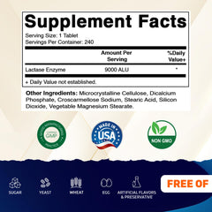 Vitamatic Lactase Enzyme 9000 label close-up highlighting non-GMO formula.