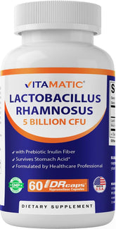 Vitamatic Lactobacillus Rhamnosus bottle showing daily digestive support with a trusted probiotic.