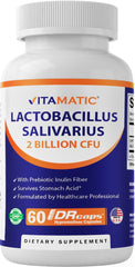 Vitamatic Lactobacillus Salivarius bottle with DR capsules for digestive support.