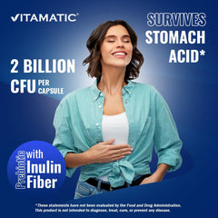 Vitamatic bottle highlighting prebiotic inulin fiber for gut health support.