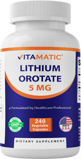 Vitamatic Lithium Orotate 5mg bottle displayed on a clean surface showing packaging and label.