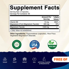 Vitamatic Magnesium Taurate bottle label close-up with elemental magnesium and B6 note.