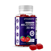 Vitamatic Melatonin Gummies front label with strawberry flavor for easy sleep support.