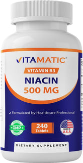 Vitamatic Niacin 500mg bottle front showing potency for daily energy.