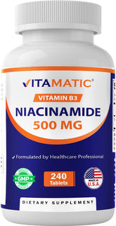 Vitamatic Niacinamide 500 mg bottle front view, showcasing flush-free Vitamin B3 for energy support