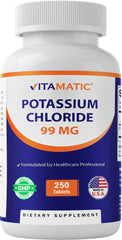 Vitamatic Potassium 99mg bottle highlights electrolyte support for daily hydration