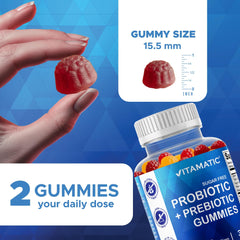 Vitamatic Probiotic Gummies 5 billion CFU emphasized for supporting digestion and immune balance.