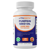 Vitamatic pumpkin seed oil bottle with softgels for daily wellness.