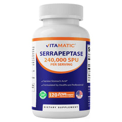 The Vitamatic Serrapeptase bottle front supports daily wellness.