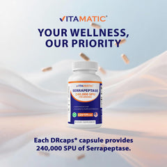 The Vitamatic Serrapeptase non-GMO label highlights clean ingredients.