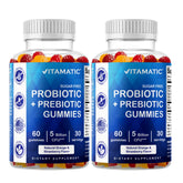 Vitamatic sugar-free probiotic gummies bottle front with gluten-free labeling for daily gut support