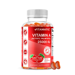 Vitamatic vitamin A gummies bottle front with natural strawberry flavor