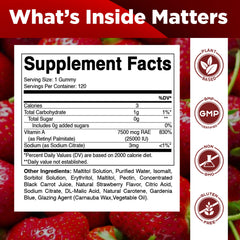 Gummies ingredient panel displaying vegan, non-GMO, gluten-free labels