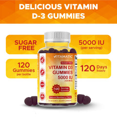 Vitamatic Sugar Free D3 gummies close-up shows glossy gummies.