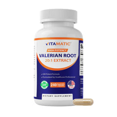 Vitamatic Valerian Root Extract bottle on shelf for calming evenings.