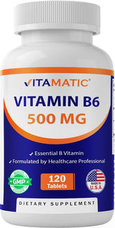 Vitamatic Vitamin B6 bottle front view highlighting energy support.
