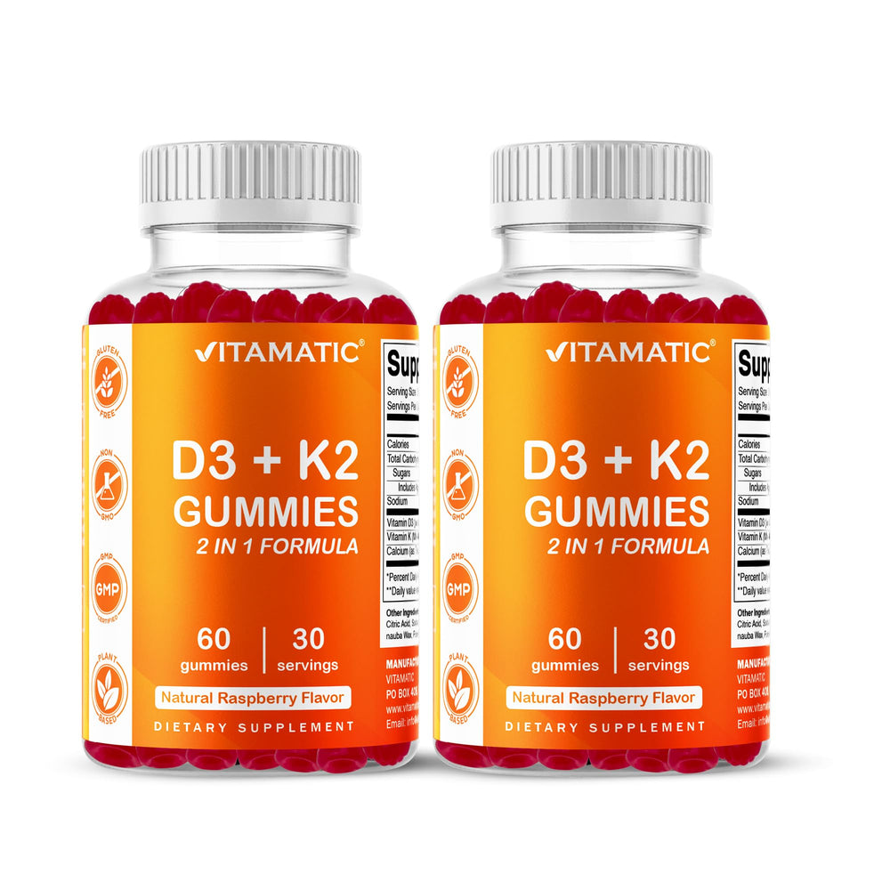 Vitamatic Vitamin D3 & K2 Gummies bottle front highlighting raspberry flavor for bone support.