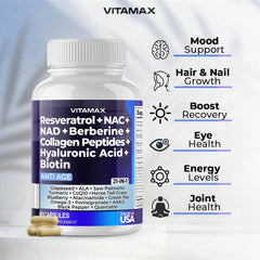Vitamax blueberry extract capsule highlighting antioxidant-rich formula.