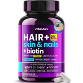 Vitamax bottle showing Biotin-Collagen-Keratin formula for hair and skin benefits