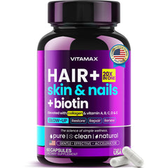 Vitamax bottle showing Biotin-Collagen-Keratin formula for hair and skin benefits