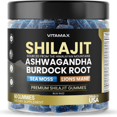 Vitamax Pure Shilajit Gummies in a blue razz bottle for convenient daily energy