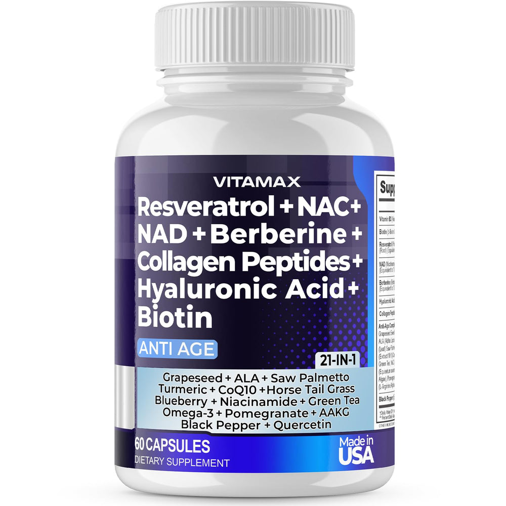 Vitamax resveratrol NAD+ berberine hyaluronic acid bottle with capsules for daily wellness.