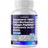 Vitamax resveratrol NAD+ berberine hyaluronic acid bottle with capsules for daily wellness.